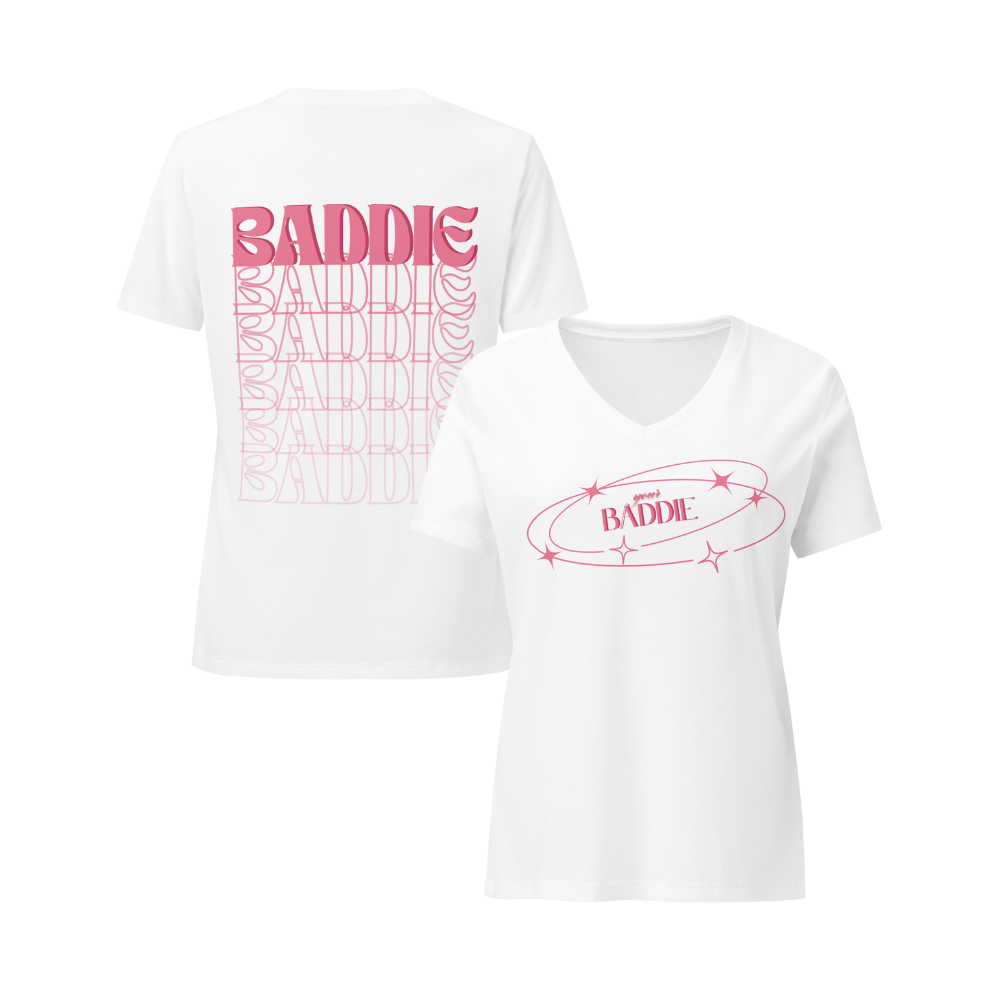 Your Baddie – Cotton V-Neck T-Shirt for Women, Main Character Graphic Tee with Pink Power and Cosmic Confidence, Bold Feminine Streetwear for Stylish Empowerment
