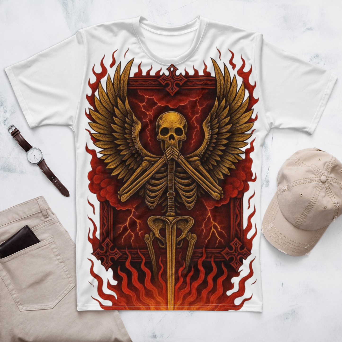 Silent Guardian – Cotton All-Over Print T-Shirt for Men and Women, Flame Sword Graphic with Gold Skeleton Design, Bold Symbolic Streetwear for Inner Strength and Rebirth