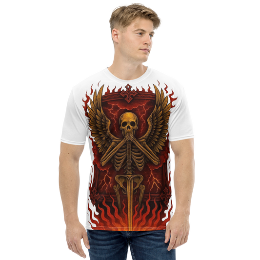 Silent Guardian – Cotton All-Over Print T-Shirt for Men and Women, Flame Sword Graphic with Gold Skeleton Design, Bold Symbolic Streetwear for Inner Strength and Rebirth