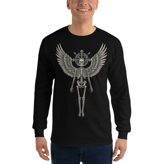 Grave to Glory – Men’s Cotton Long Sleeve Shirt with Angel Skeleton Graphic, Gothic Resurrection Streetwear for Emotional Healing and Grunge Revival Style