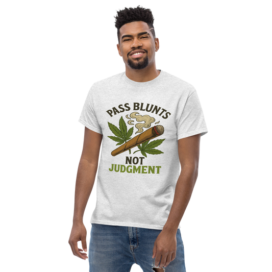 Pass Blunts, Not Judgement – Bold Cotton Cannabis Lifestyle Shirt, 420 Streetwear Graphic Tee, Weed Advocacy Urban Apparel with Stoner Humor