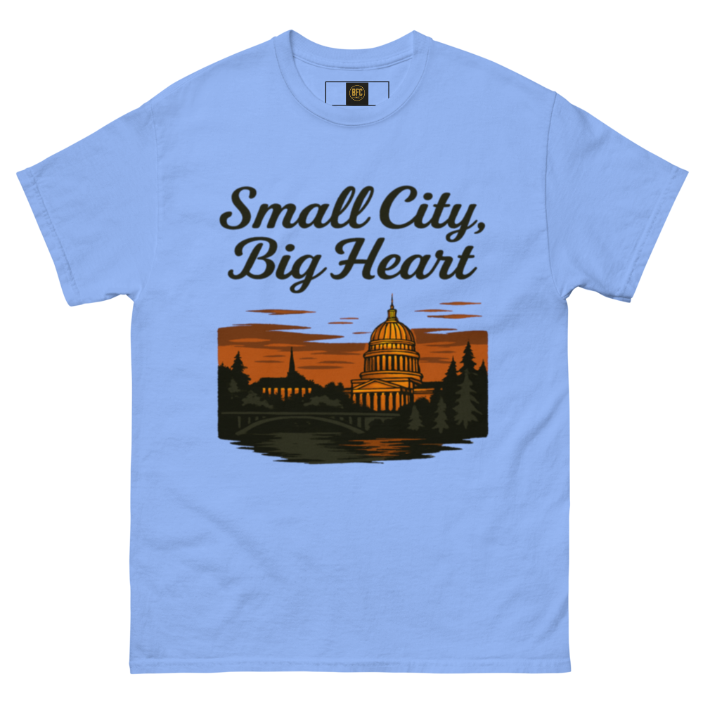 Small City, Big Hearts – Charleston West Virginia Cotton Shirt for Locals, Appalachian Skyline Graphic Tee, Hometown Pride Apparel for Men and Women