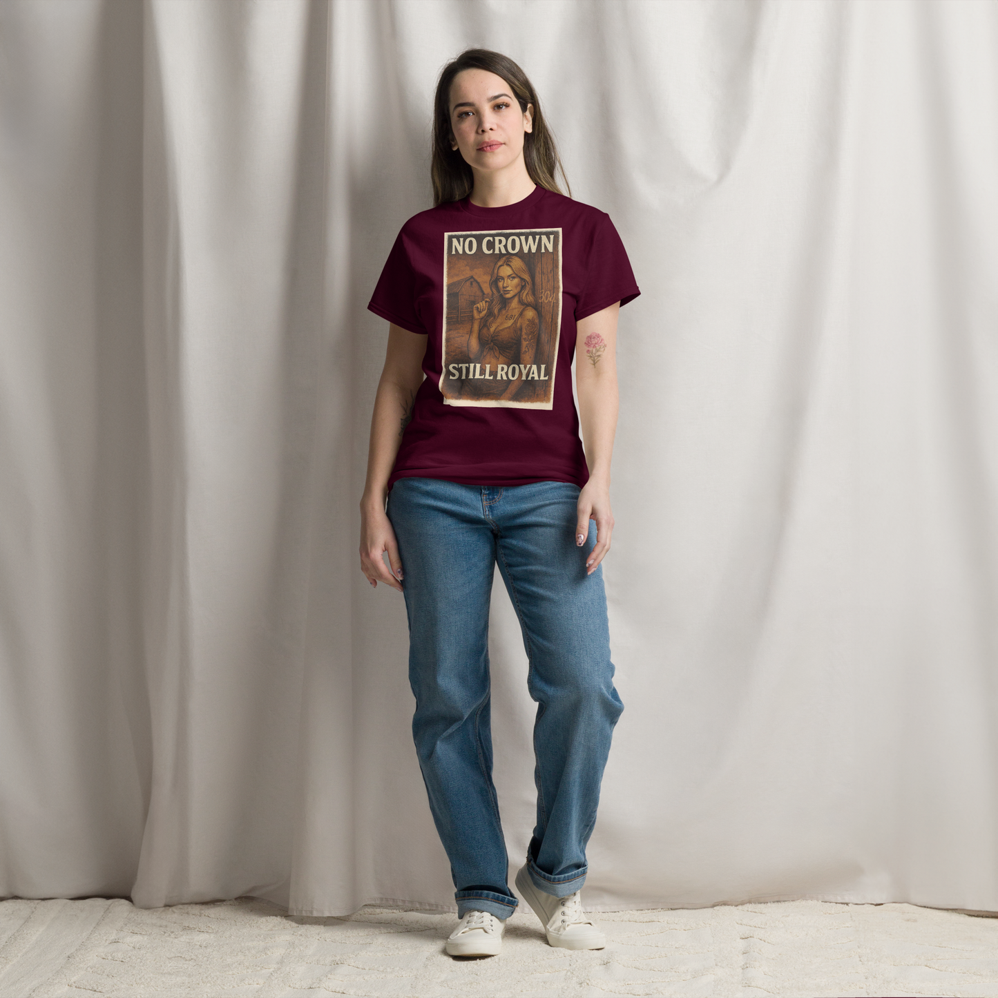 No Crown, Still Royal (Tattooed Woman) – Cotton Graphic T-Shirt for Women, Vintage Design with Bold Empowerment Message, Rustic Aesthetic Apparel for Confident Style