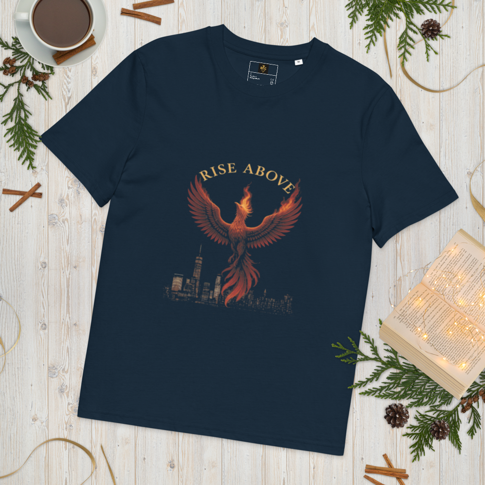 Rise Above – Empowering Cotton Graphic Tee for Women, Motivational Streetwear with Phoenix and Skyline Design, Resilient Rebirth Statement Apparel