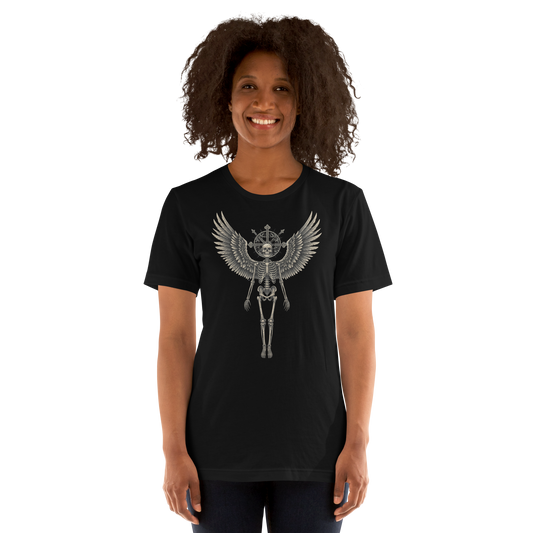 Grave to Glory – Cotton Graphic T-Shirt for Men and Women, Angel Skeleton Streetwear with Glowing Halo Design, Spiritual Grunge Apparel for Soul Survivors and Resilient Rebels