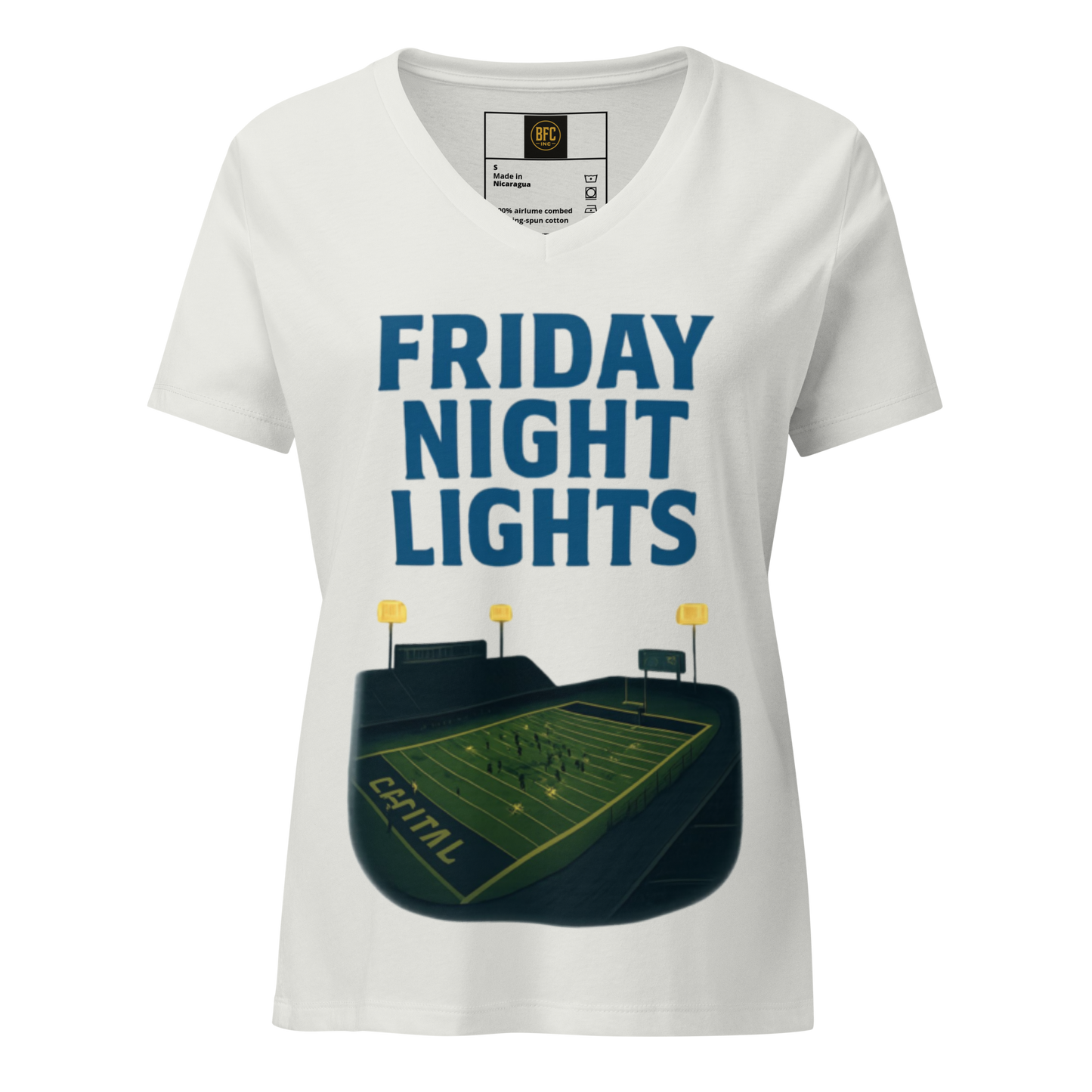 Friday Night Lights – V-Neck Cotton Football Shirt for Women, Capital High Game Night Spiritwear with End Zone Graphic, Alumni and Student Season Apparel