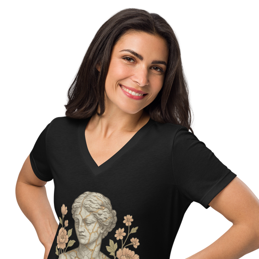 Built From Breakdowns – Cotton V-Neck T-Shirt for Women, Kintsugi-Inspired Healing Graphic with Gold Crack Detail, Elegant Apparel for Emotional Growth and Inner Strength