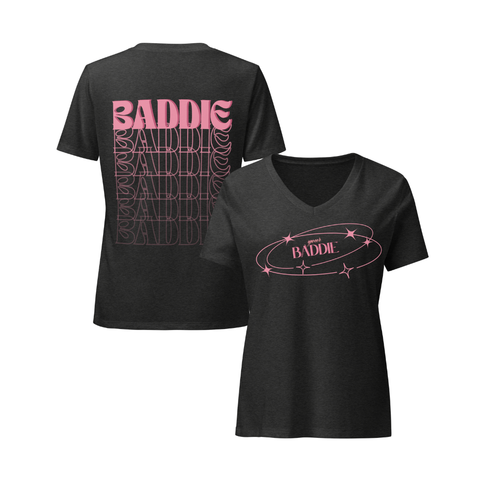 Your Baddie – Cotton V-Neck T-Shirt for Women, Main Character Graphic Tee with Pink Power and Cosmic Confidence, Bold Feminine Streetwear for Stylish Empowerment