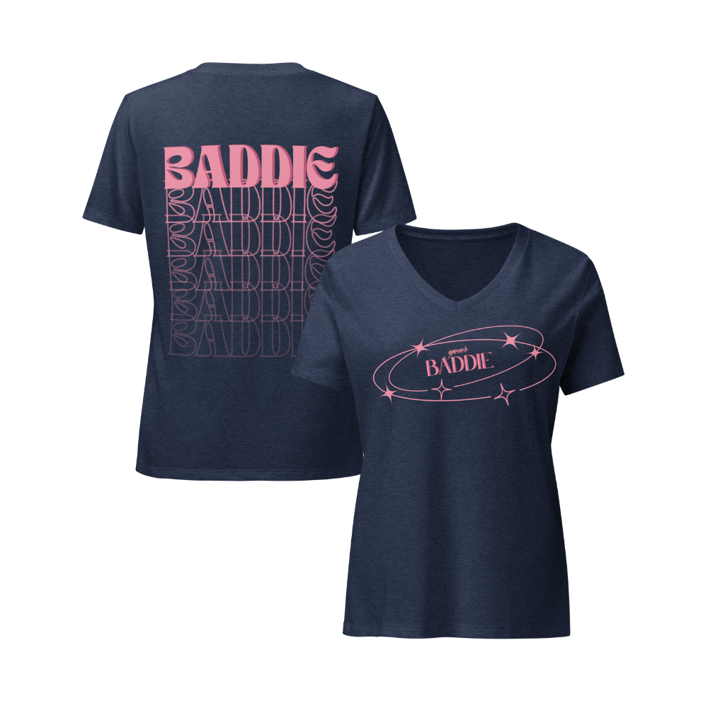 Your Baddie – Cotton V-Neck T-Shirt for Women, Main Character Graphic Tee with Pink Power and Cosmic Confidence, Bold Feminine Streetwear for Stylish Empowerment