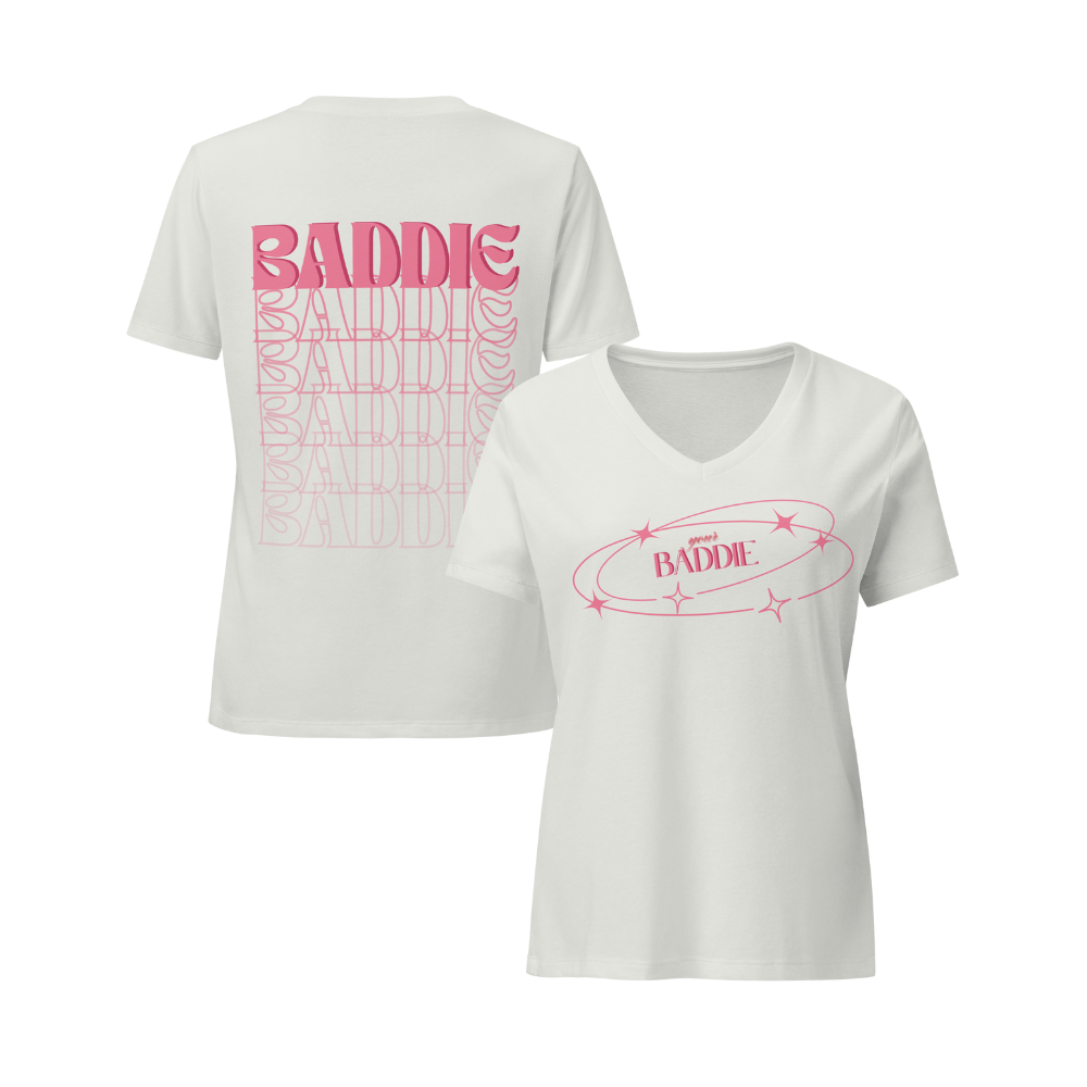 Your Baddie – Cotton V-Neck T-Shirt for Women, Main Character Graphic Tee with Pink Power and Cosmic Confidence, Bold Feminine Streetwear for Stylish Empowerment