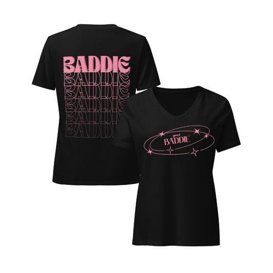 Your Baddie – Cotton V-Neck T-Shirt for Women, Main Character Graphic Tee with Pink Power and Cosmic Confidence, Bold Feminine Streetwear for Stylish Empowerment