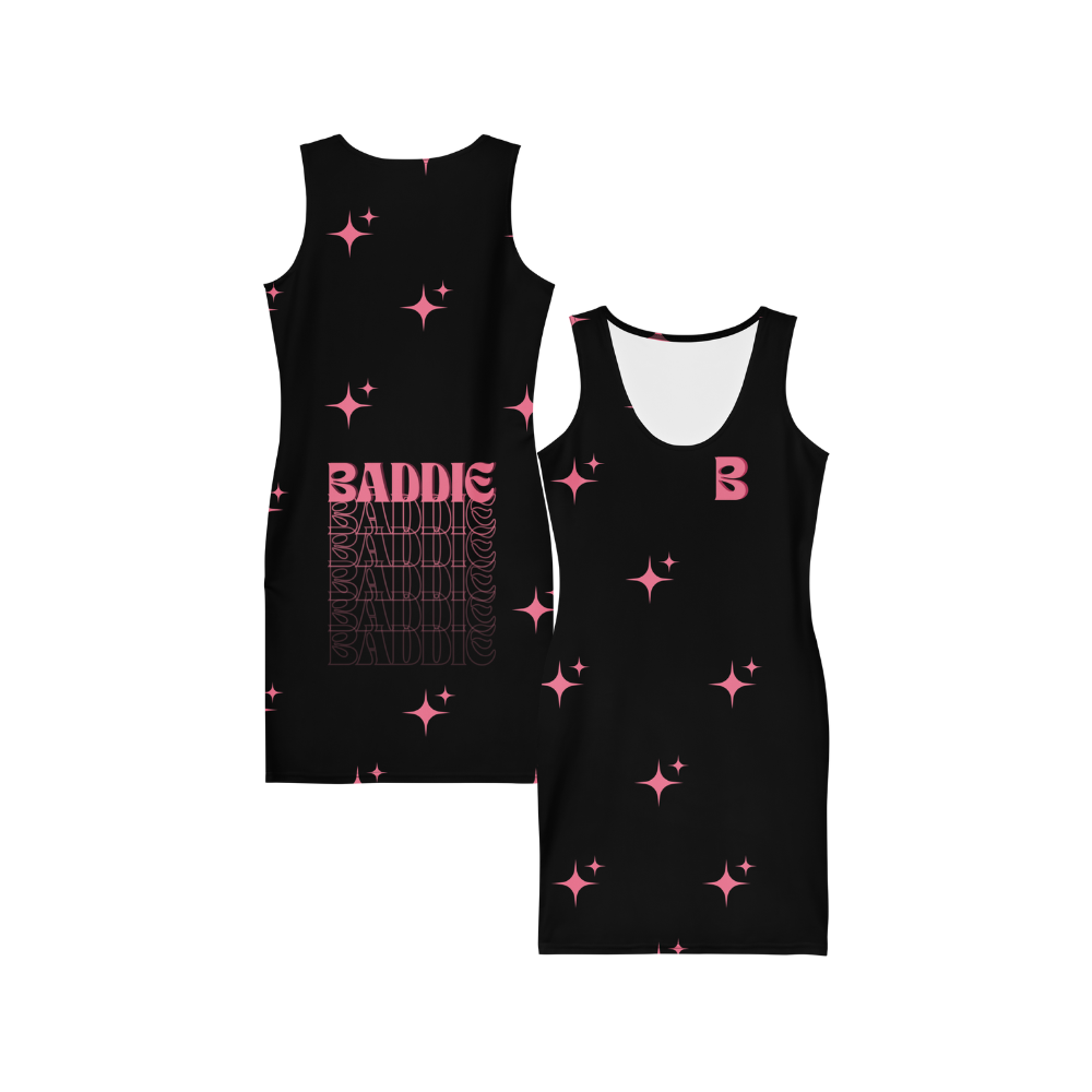 Baddie Sparkle Dress Black – Glam Cotton Bodycon for Women, Curve-Hugging Party Outfit with Sparkle Typography and Main Character Energy