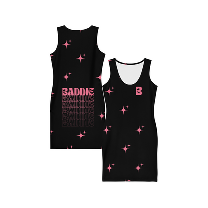 Baddie Sparkle Dress Black – Glam Cotton Bodycon for Women, Curve-Hugging Party Outfit with Sparkle Typography and Main Character Energy