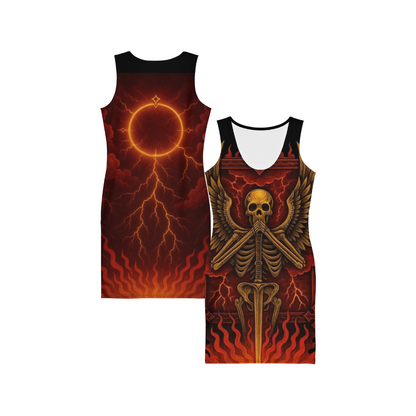 Silence of the Flame Bodycon Dress – Gothic Cotton Partywear for Women, Curve-Hugging Fantasy Outfit with Skeleton Wings and Blazing Sword Design