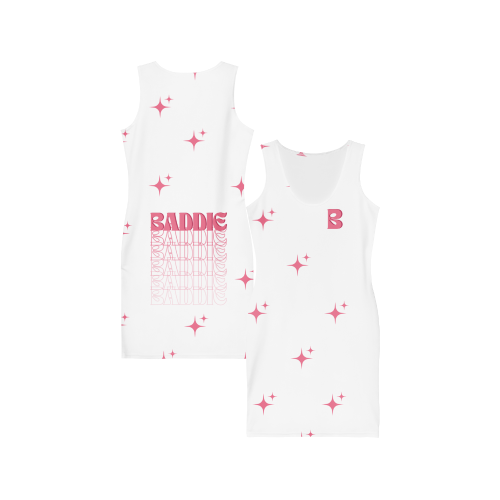 Baddie Sparkle Dress White – Glam Cotton Bodycon for Women, Curve-Hugging Party Outfit with Sparkle Typography and Main Character Energy