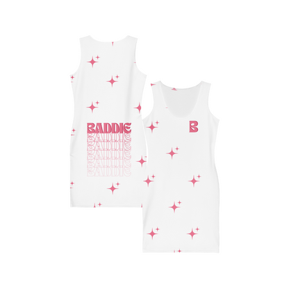 Baddie Sparkle Dress White – Glam Cotton Bodycon for Women, Curve-Hugging Party Outfit with Sparkle Typography and Main Character Energy