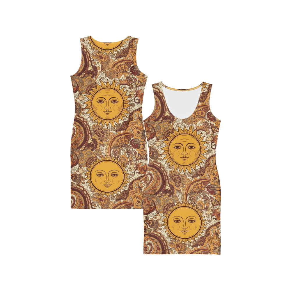 Sunshine Soul – Bohemian Sun Print Cotton Bodycon Dress for Women, Vintage Paisley Design with Celestial Vibes, Stretch-Fit Festival Outfit in Earth Tone Retro Style