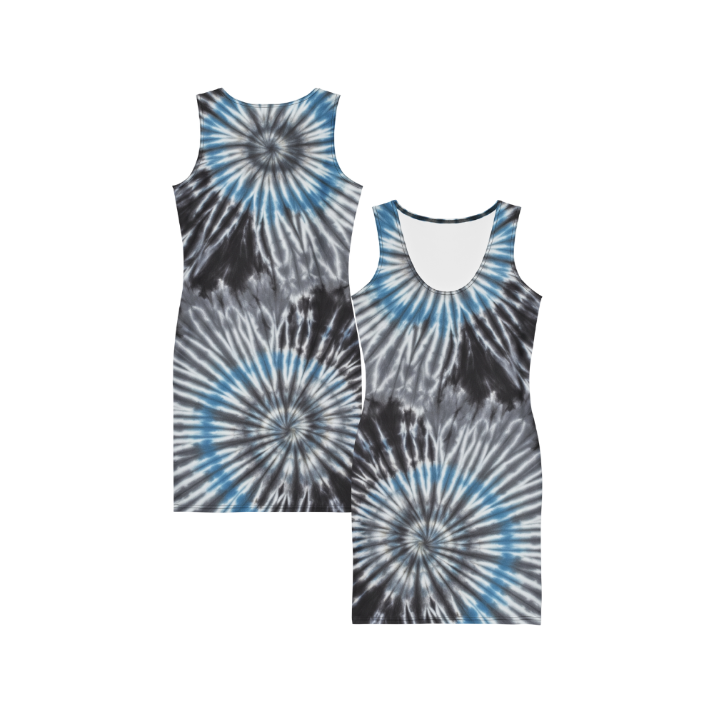 Cosmic Swirl – Blue Tie-Dye Cotton Bodycon Dress for Women, Ocean Spiral Print Mini Dress, Stretch-Fit Festival and Night Out Outfit with Boho Chic Style