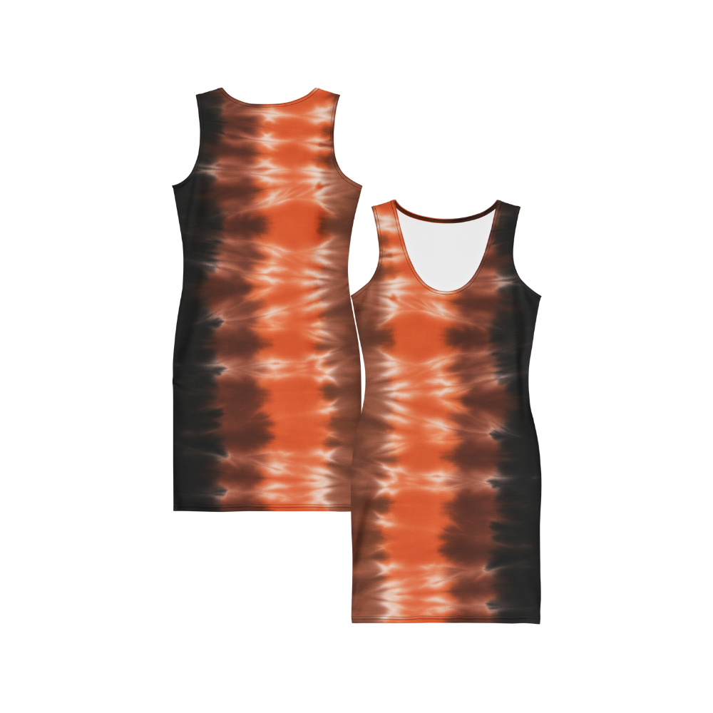 Sunset Blaze – Burnt Orange Cotton Bodycon Dress for Women, Curve-Hugging Mini with Fiery Wave Print, Golden Hour Cocktail and Bold Evening Partywear