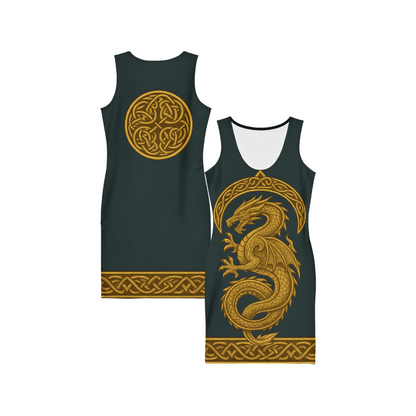 Golden Dragon Empress Bodycon Dress – Curve-Hugging Cotton Fantasy Wear for Women, Oriental Warrior Queen Style with Mythical Dragon Design