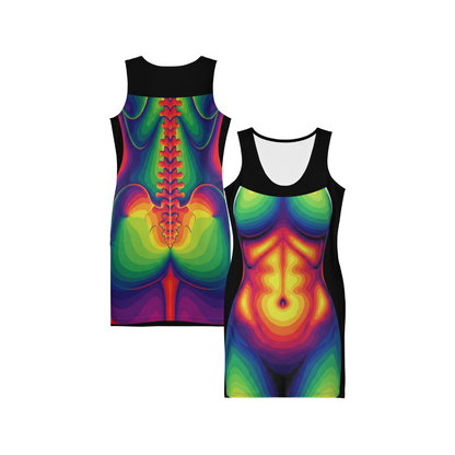 Spectrum Pulse – Neon Cotton Bodycon Dress for Women, Psychedelic Festival Outfit with Rainbow Chakra Like and Glowing Spine Print