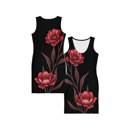 Crimson Grace – Floral Cotton Bodycon Dress for Women, Curve-Hugging Black Evening Wear with Red Botanical Accents, Gothic-Inspired Elegant Garden Style