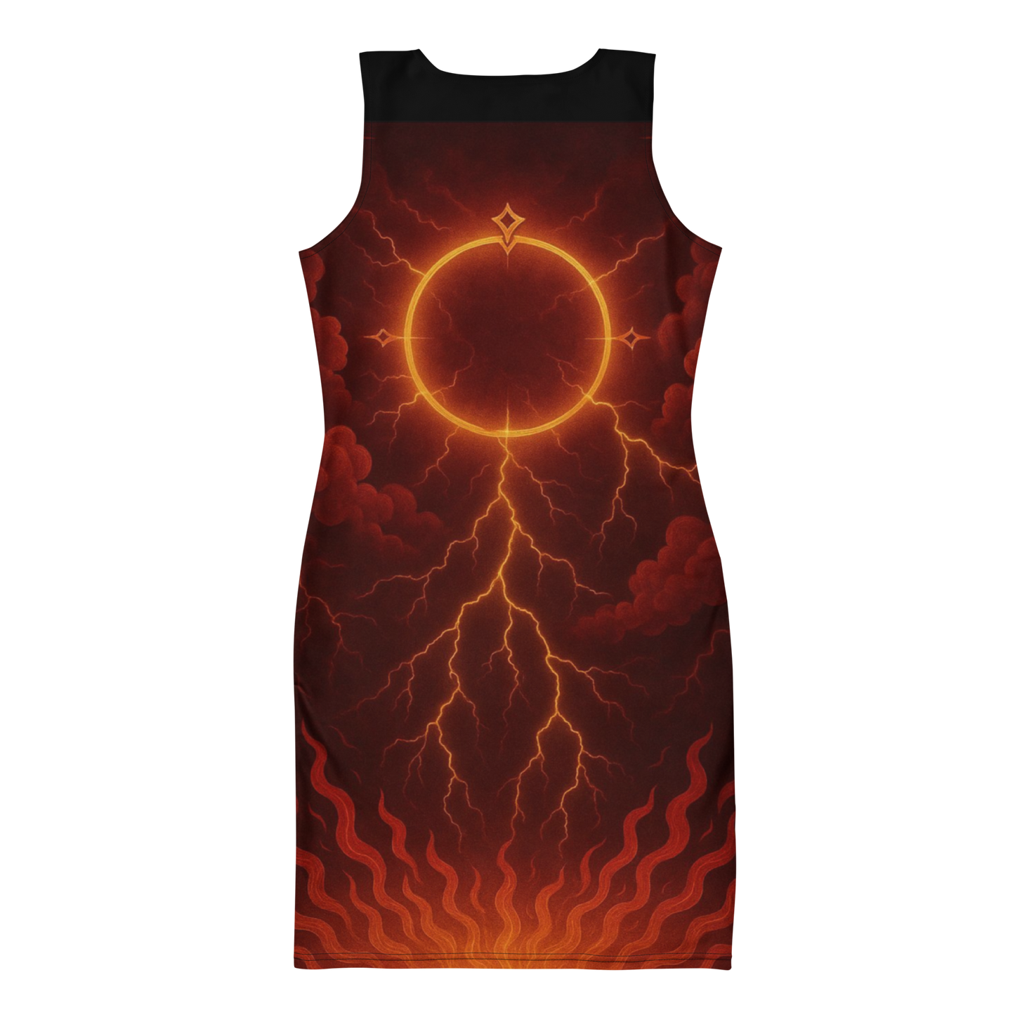 Silence of the Flame Bodycon Dress – Gothic Cotton Partywear for Women, Curve-Hugging Fantasy Outfit with Skeleton Wings and Blazing Sword Design