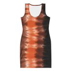 Sunset Blaze – Burnt Orange Cotton Bodycon Dress for Women, Curve-Hugging Mini with Fiery Wave Print, Golden Hour Cocktail and Bold Evening Partywear