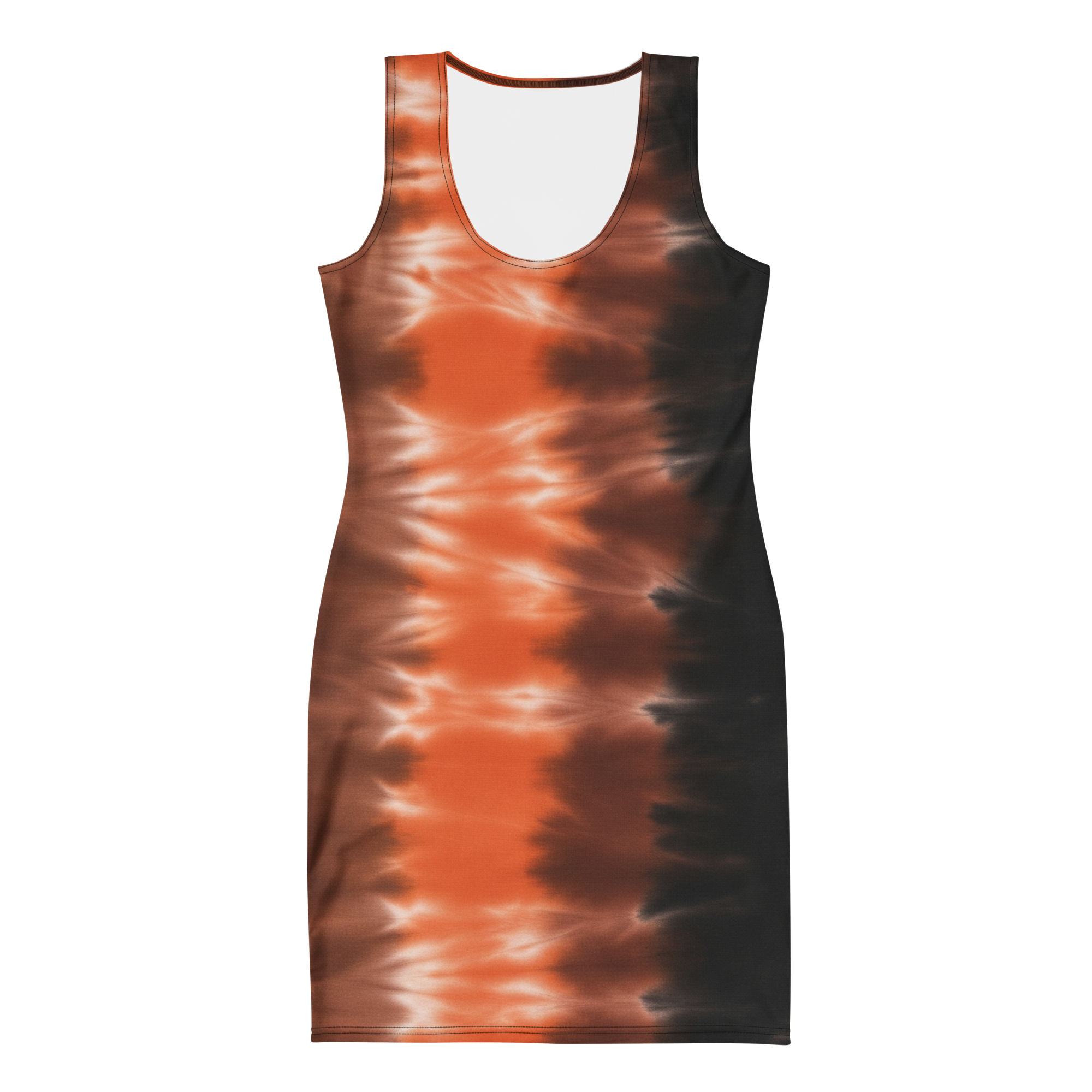 Sunset Blaze – Burnt Orange Cotton Bodycon Dress for Women, Curve-Hugging Mini with Fiery Wave Print, Golden Hour Cocktail and Bold Evening Partywear