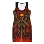 Silence of the Flame Bodycon Dress – Gothic Cotton Partywear for Women, Curve-Hugging Fantasy Outfit with Skeleton Wings and Blazing Sword Design