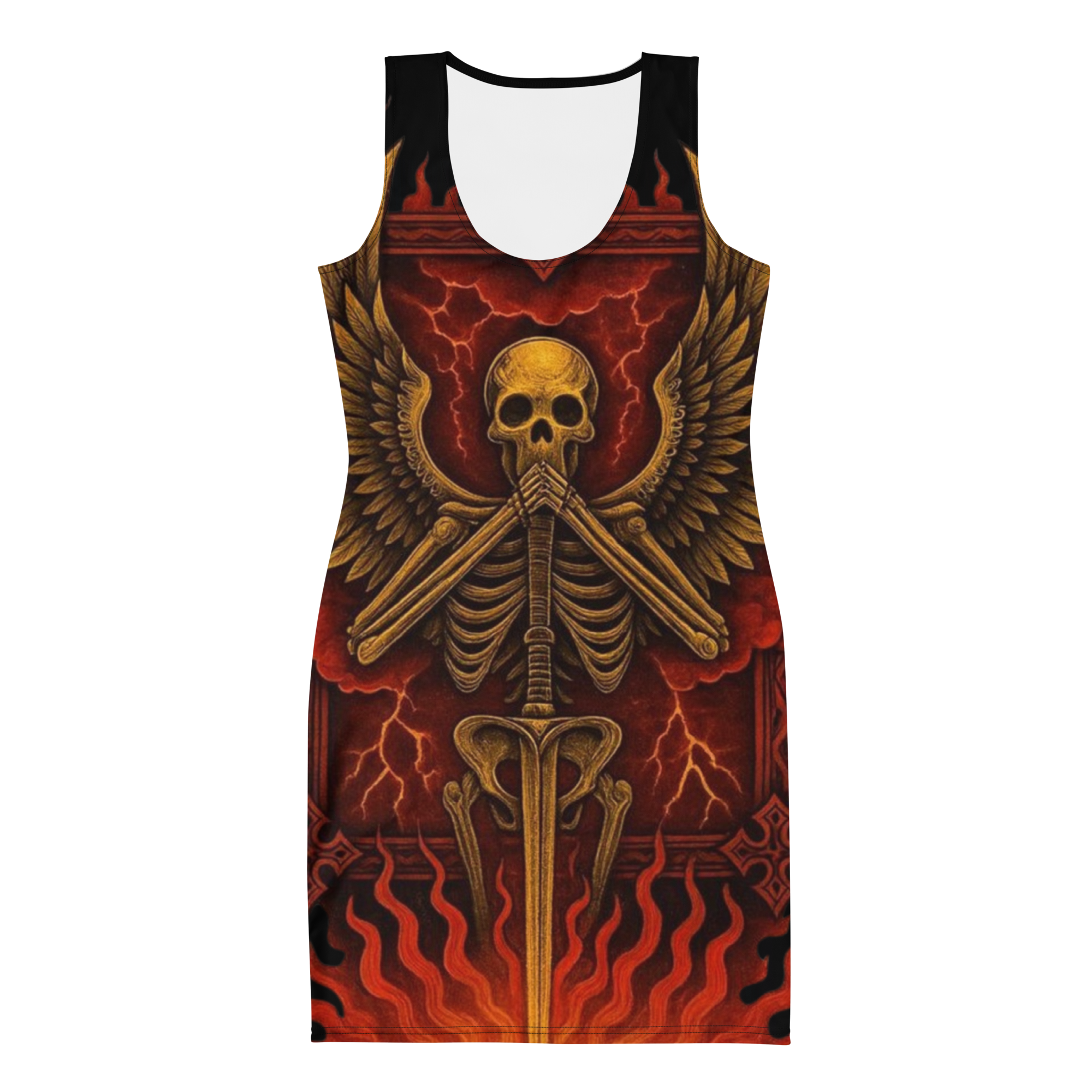 Silence of the Flame Bodycon Dress – Gothic Cotton Partywear for Women, Curve-Hugging Fantasy Outfit with Skeleton Wings and Blazing Sword Design