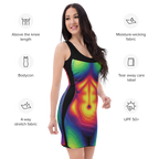 Spectrum Pulse – Neon Cotton Bodycon Dress for Women, Psychedelic Festival Outfit with Rainbow Chakra Like and Glowing Spine Print