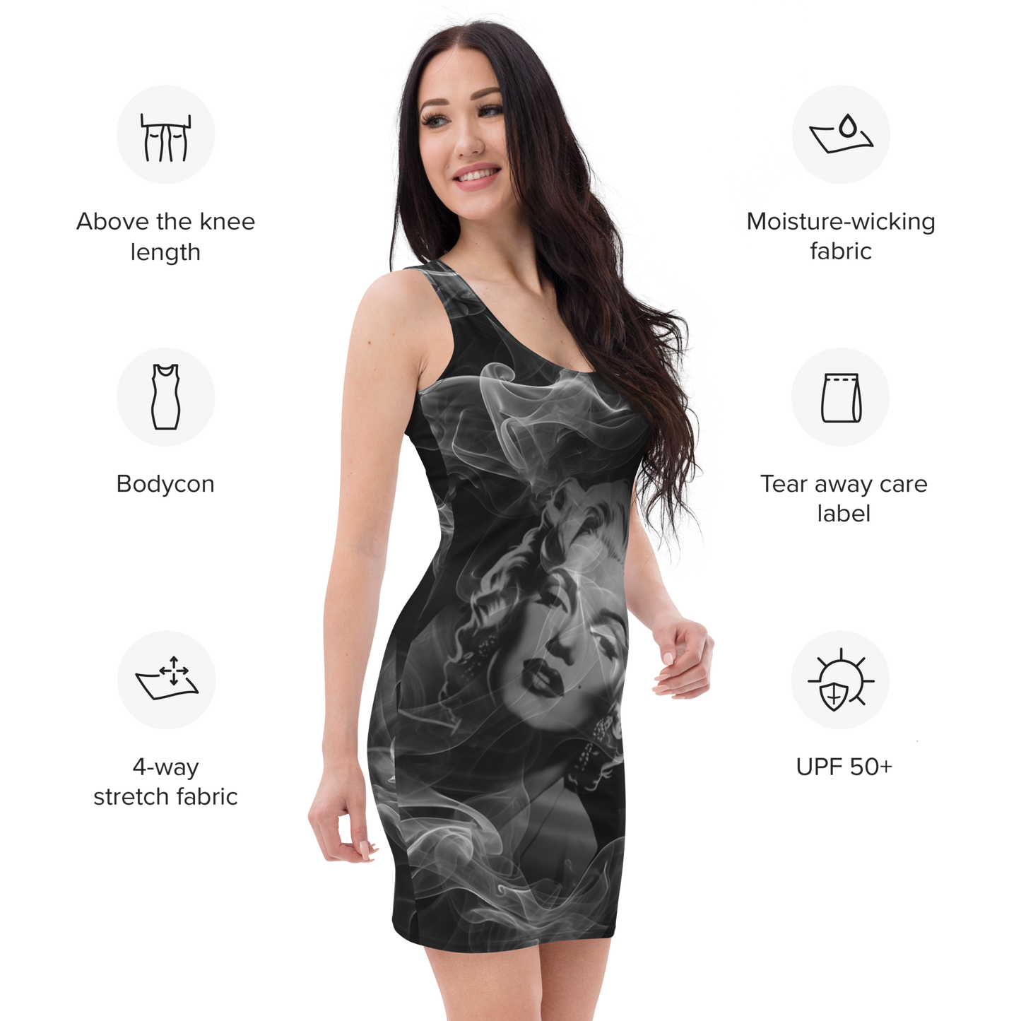 Smokey Icon – Vintage-Inspired Cotton Bodycon Dress for Women, Grayscale Hollywood Glamour with Retro Cinematic Style and Timeless Elegance