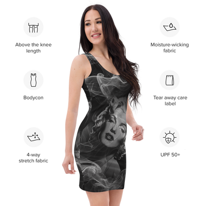 Smokey Icon – Vintage-Inspired Cotton Bodycon Dress for Women, Grayscale Hollywood Glamour with Retro Cinematic Style and Timeless Elegance