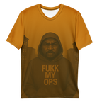 Yellow t-shirt with a graphic of a person in a hoodie and text 'FUKK MY OPS' on a white background