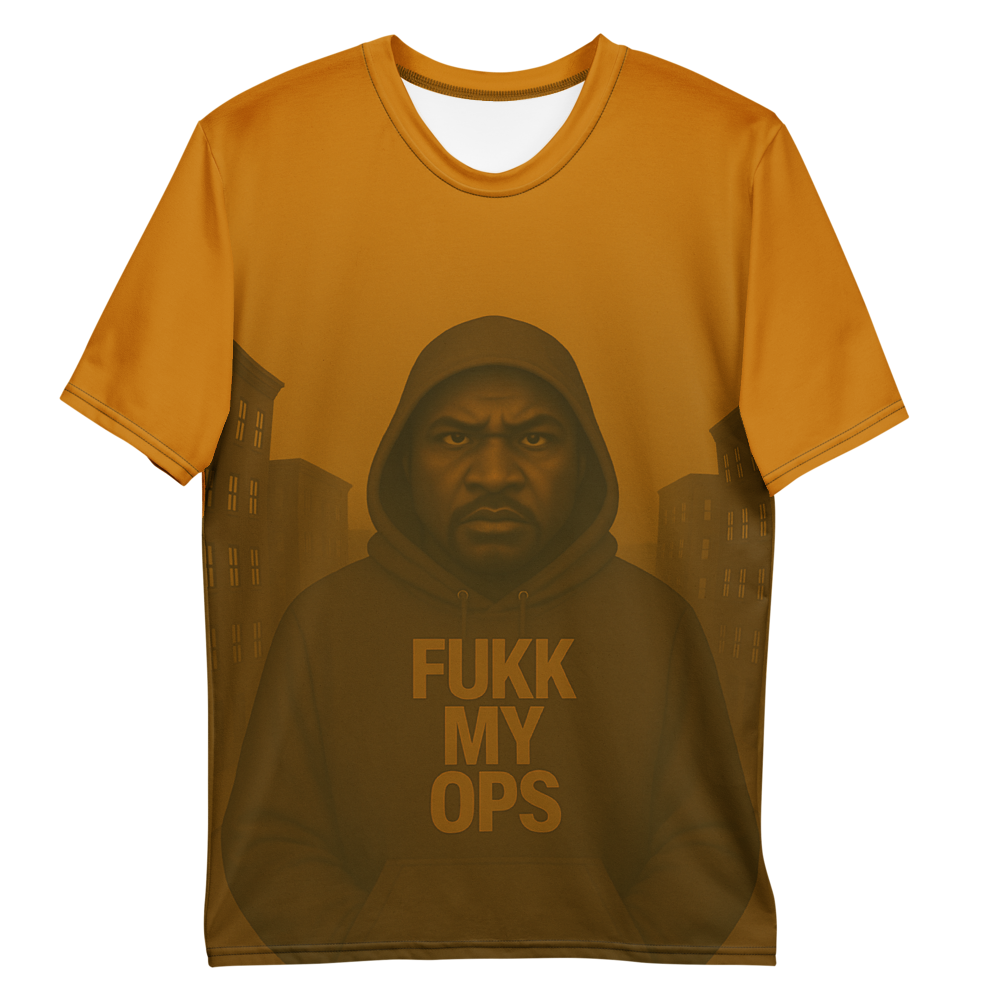 Yellow t-shirt with a graphic of a person in a hoodie and text 'FUKK MY OPS' on a white background