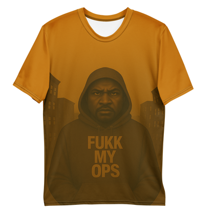 Yellow t-shirt with a graphic of a person in a hoodie and text 'FUKK MY OPS' on a white background