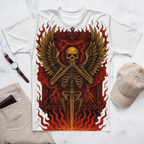 Silent Guardian – Cotton All-Over Print T-Shirt for Men and Women, Flame Sword Graphic with Gold Skeleton Design, Bold Symbolic Streetwear for Inner Strength and Rebirth