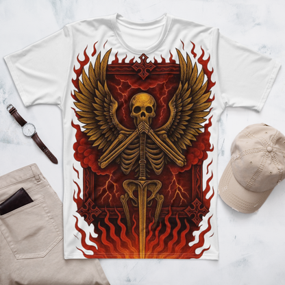 Silent Guardian – Cotton All-Over Print T-Shirt for Men and Women, Flame Sword Graphic with Gold Skeleton Design, Bold Symbolic Streetwear for Inner Strength and Rebirth