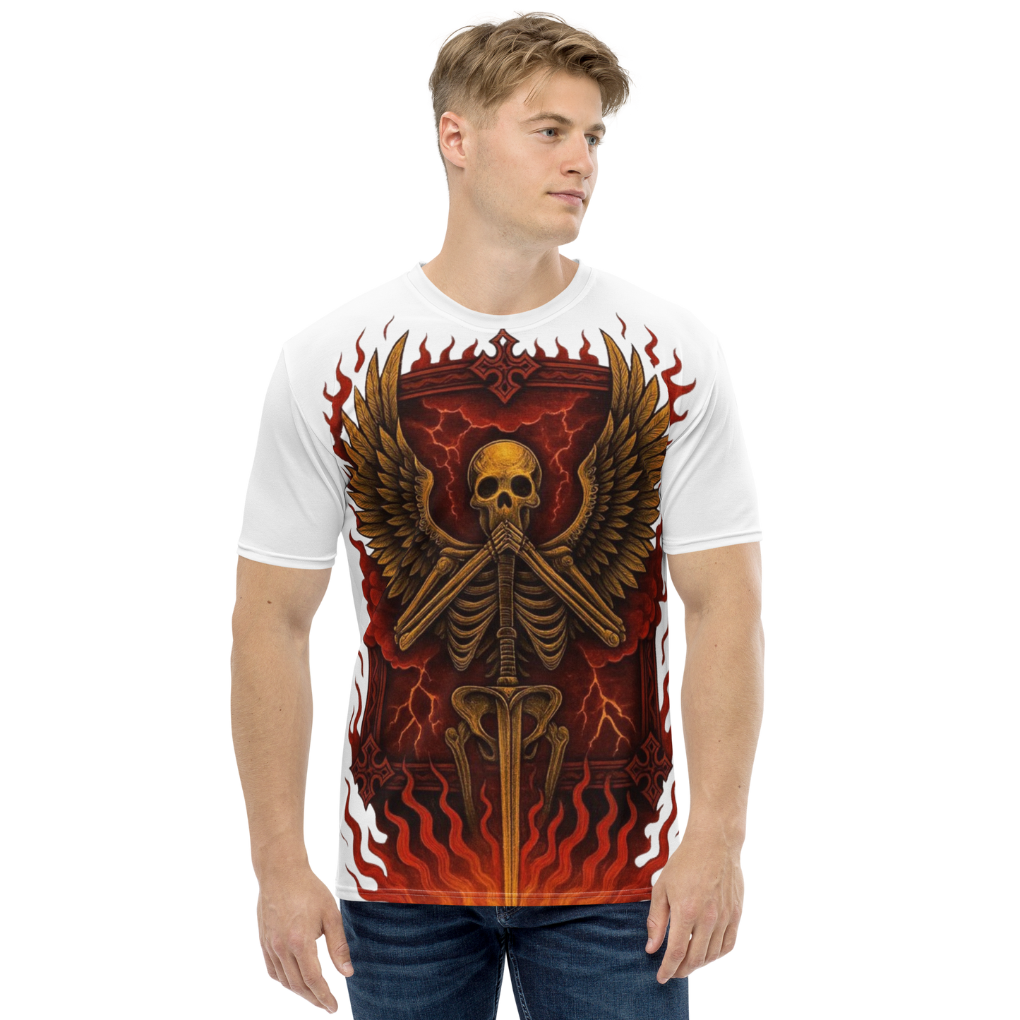 Silent Guardian – Cotton All-Over Print T-Shirt for Men and Women, Flame Sword Graphic with Gold Skeleton Design, Bold Symbolic Streetwear for Inner Strength and Rebirth