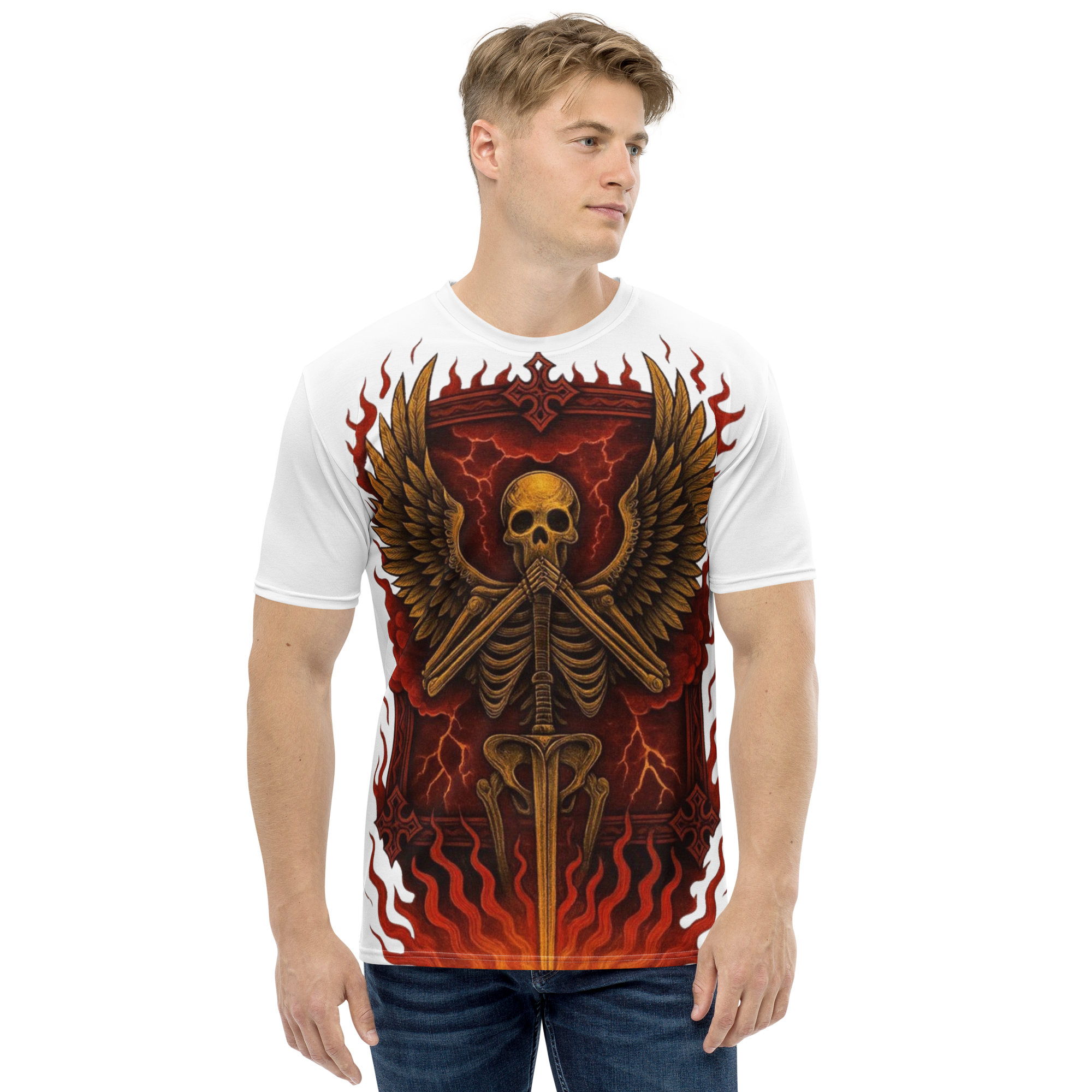 Silent Guardian – Cotton All-Over Print T-Shirt for Men and Women, Flame Sword Graphic with Gold Skeleton Design, Bold Symbolic Streetwear for Inner Strength and Rebirth