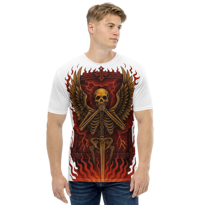 Silent Guardian – Cotton All-Over Print T-Shirt for Men and Women, Flame Sword Graphic with Gold Skeleton Design, Bold Symbolic Streetwear for Inner Strength and Rebirth