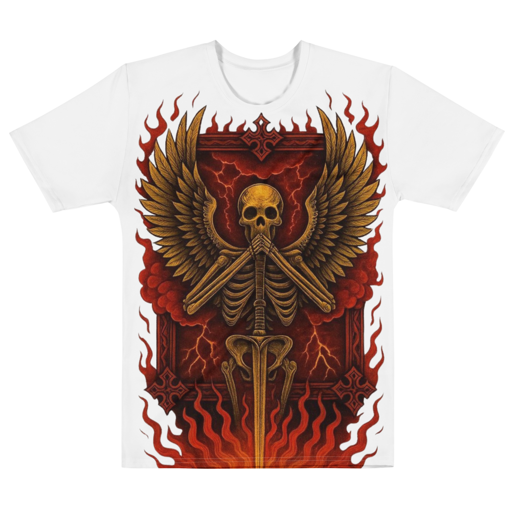 Silent Guardian – Cotton All-Over Print T-Shirt for Men and Women, Flame Sword Graphic with Gold Skeleton Design, Bold Symbolic Streetwear for Inner Strength and Rebirth