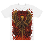 Silent Guardian – Cotton All-Over Print T-Shirt for Men and Women, Flame Sword Graphic with Gold Skeleton Design, Bold Symbolic Streetwear for Inner Strength and Rebirth