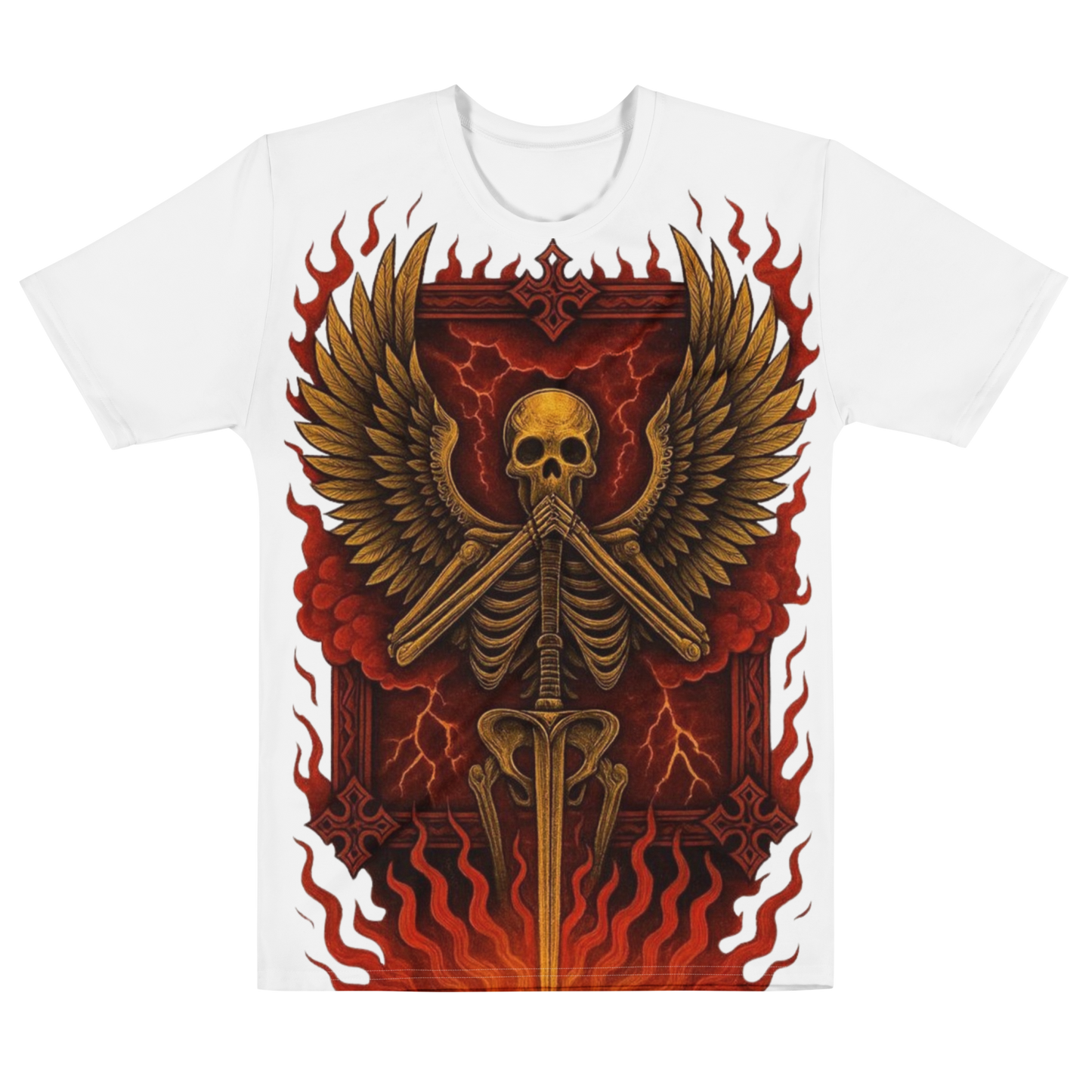 Silent Guardian – Cotton All-Over Print T-Shirt for Men and Women, Flame Sword Graphic with Gold Skeleton Design, Bold Symbolic Streetwear for Inner Strength and Rebirth