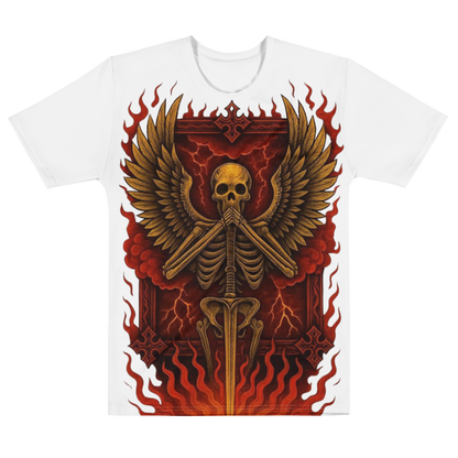 Silent Guardian – Cotton All-Over Print T-Shirt for Men and Women, Flame Sword Graphic with Gold Skeleton Design, Bold Symbolic Streetwear for Inner Strength and Rebirth