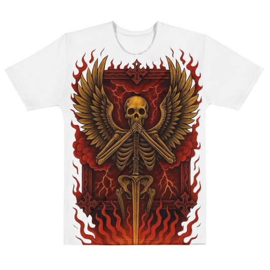 Silent Guardian – Cotton All-Over Print T-Shirt for Men and Women, Flame Sword Graphic with Gold Skeleton Design, Bold Symbolic Streetwear for Inner Strength and Rebirth