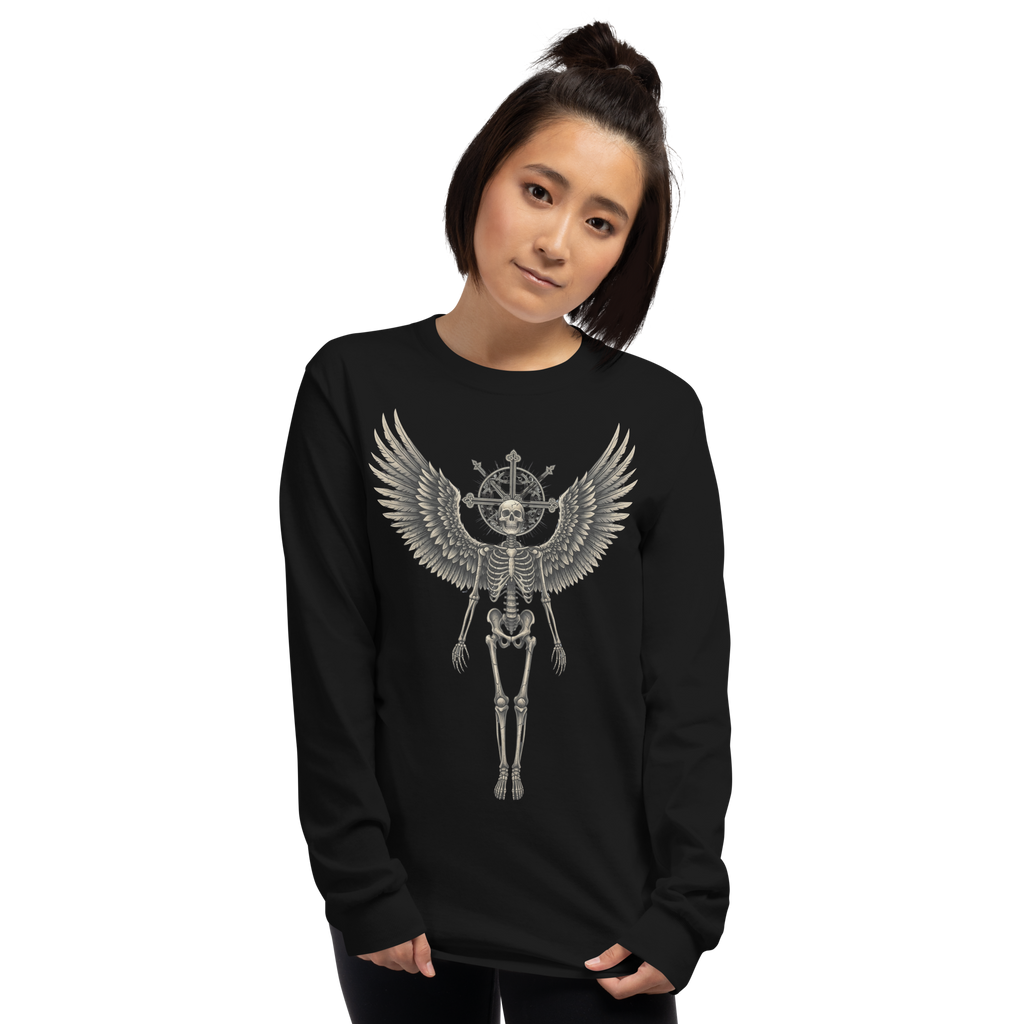 Grave to Glory – Men’s Cotton Long Sleeve Shirt with Angel Skeleton Graphic, Gothic Resurrection Streetwear for Emotional Healing and Grunge Revival Style