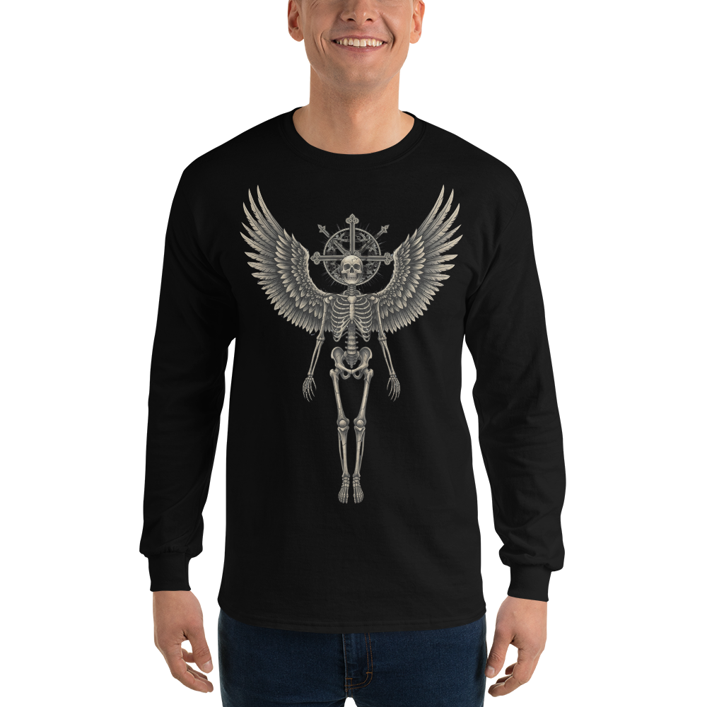 Grave to Glory – Men’s Cotton Long Sleeve Shirt with Angel Skeleton Graphic, Gothic Resurrection Streetwear for Emotional Healing and Grunge Revival Style