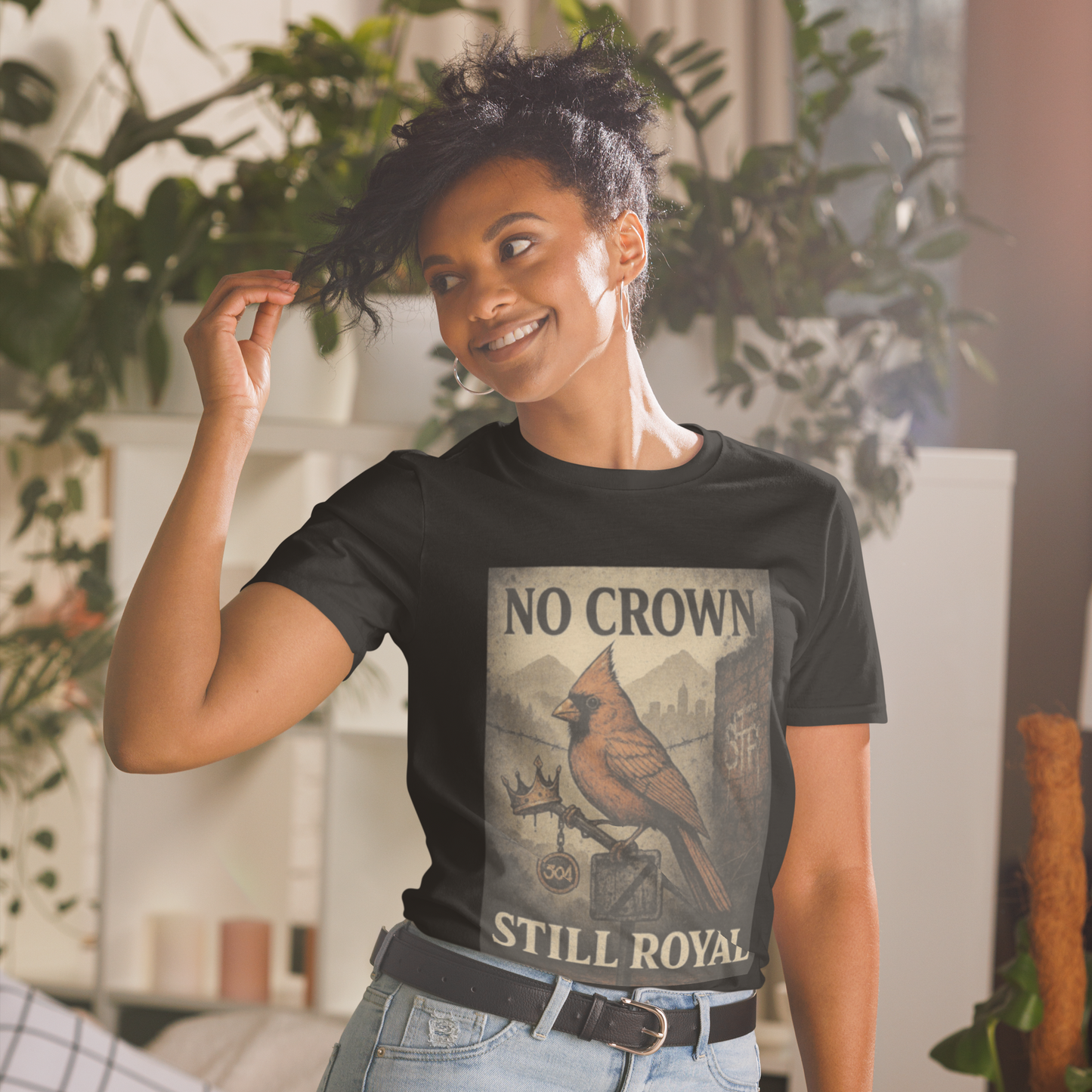 No Crown, Still Royal (Cardinal Bird) – Black Pride Cotton T-Shirt, Cardinal Graphic Streetwear for Men and Women, Urban 304 Culture Resilience Tee